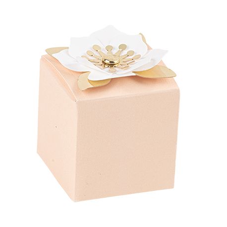 Contenant cube papier blush et fleur blanc et or x10